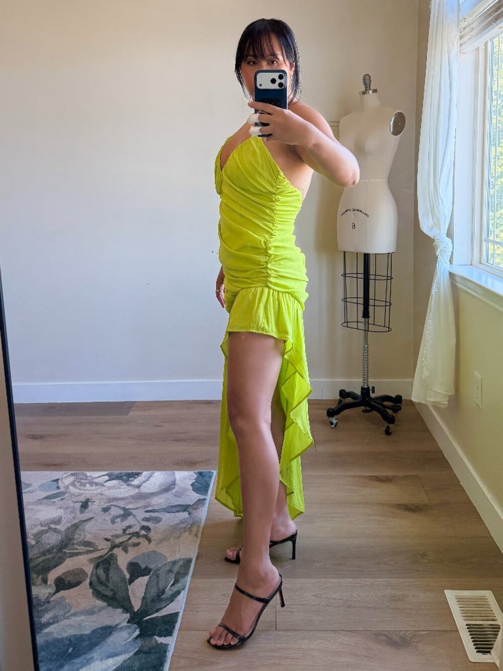 NBD Lime Green Ruched Halter Dress | Asymmetrical Hem | Size Medium | Going Out
